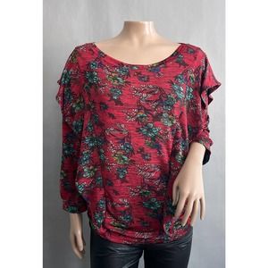 Free People Top Women M Red Dock Street Floral Ruffle Long Sleeve Slinky